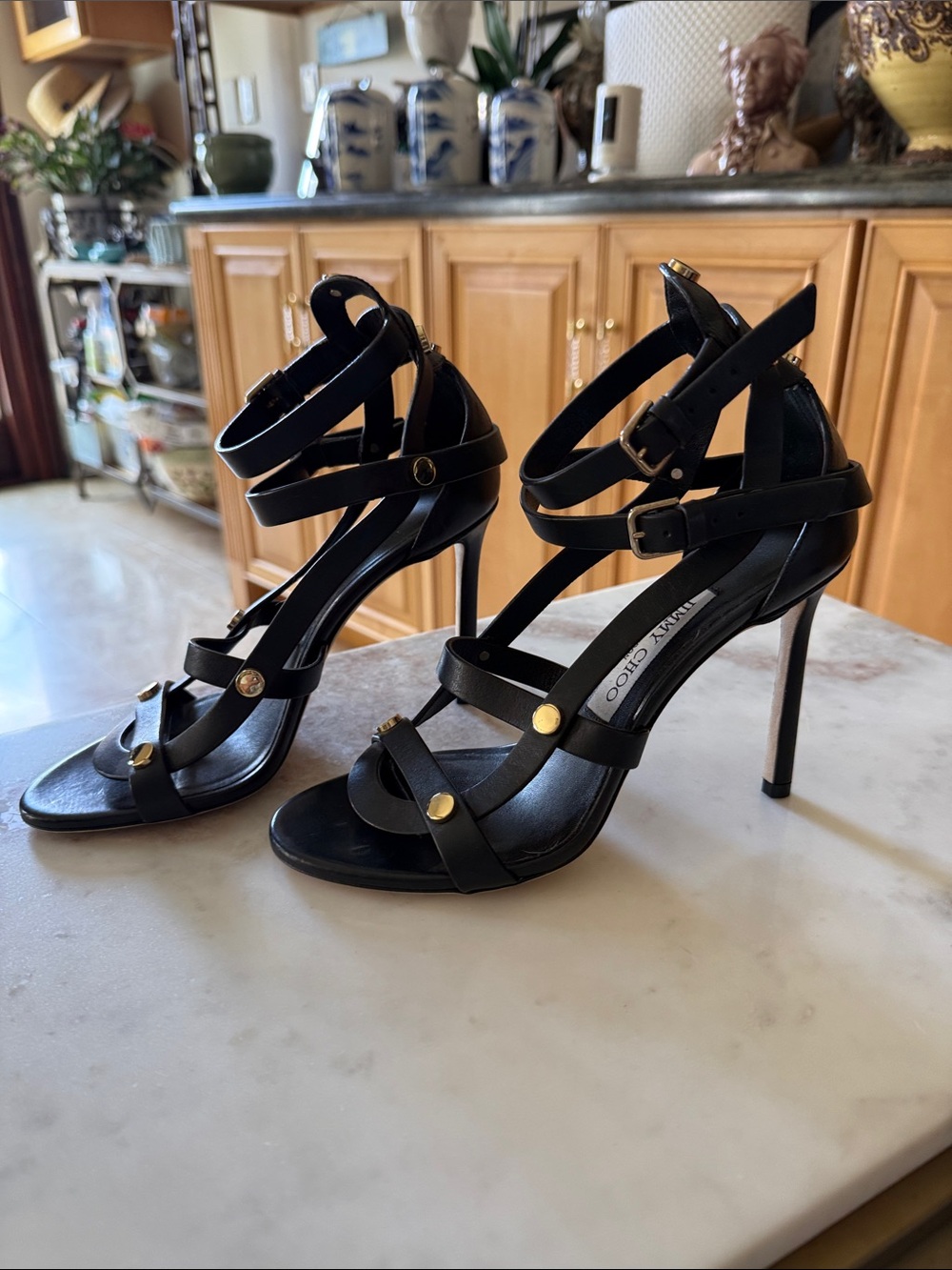 Jimmy Choo Black Leather Strappy Sandals with Gold Studs - Picture 4 of 4